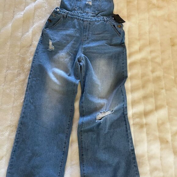 NWT SHEIN SYX women’s plus size faded Blue and Ripped Denim Overalls SZ1X - Picture 9 of 16